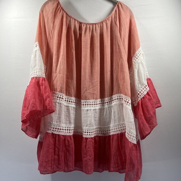 Kaktus Women's Top Size XL Bohemian Coral Layers Gauzy‎ Lightweight Bell Sleeves - Picture 2 of 6